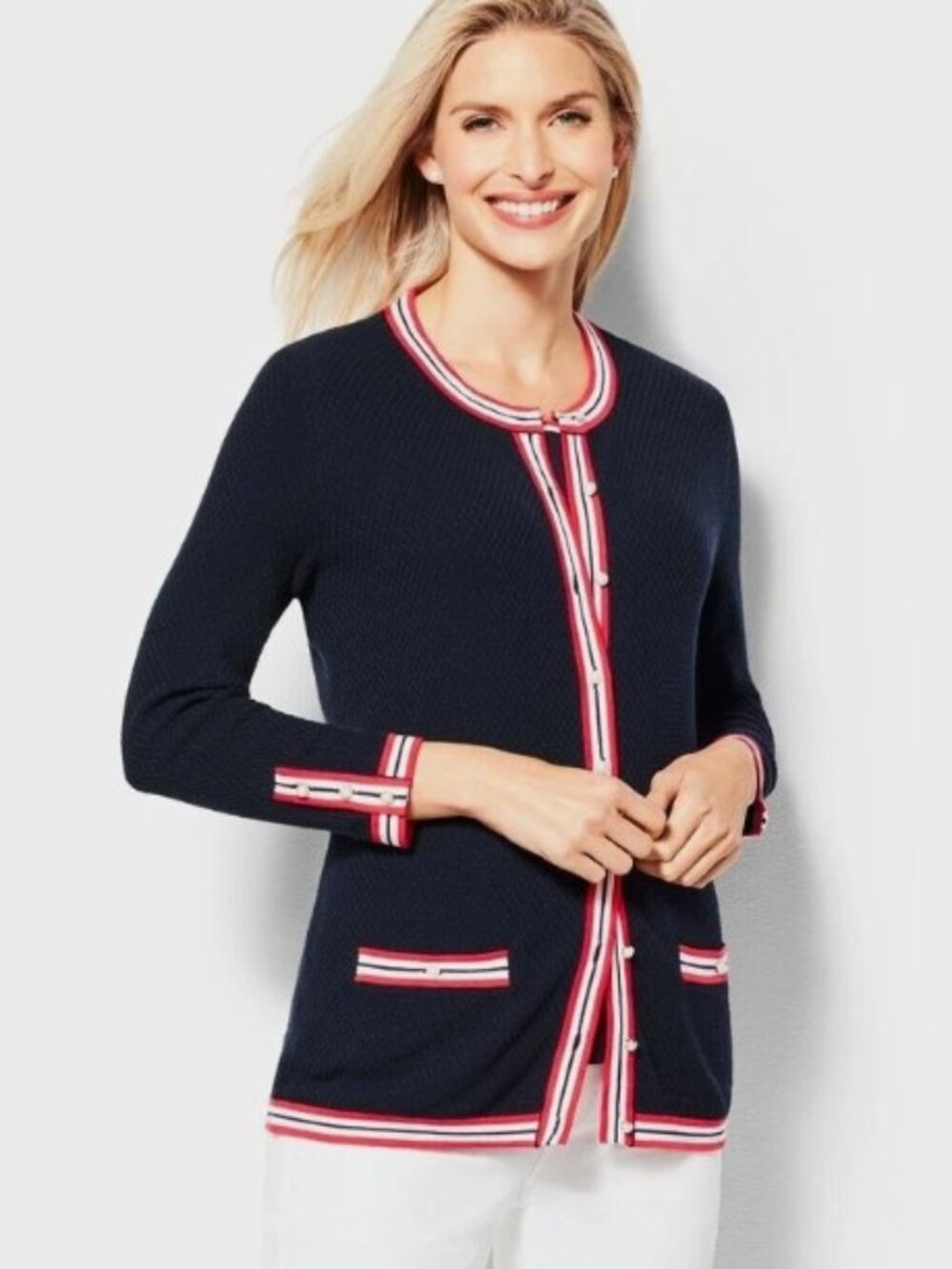 Talbots Textured Cardigan Sz S Americana USA Navy Preppy Academia Clean Girl